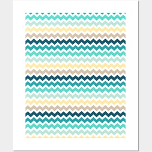 Blue Yellow Teal Beige Chevron Posters and Art